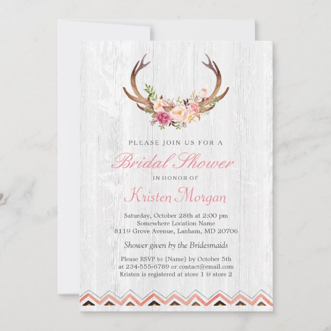 Floral Antler Boho Rustic White Wood Bridal Shower Invitation (Front)
