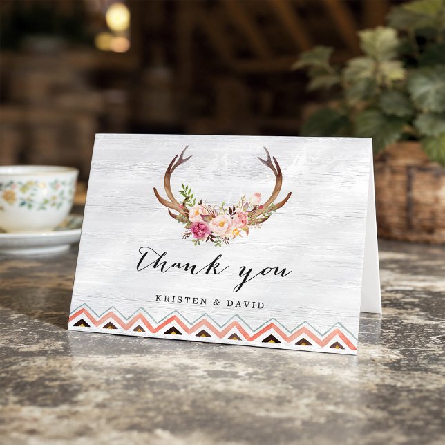 Floral Antler Rustic White Wood Boho Thank You (Creator Uploaded)