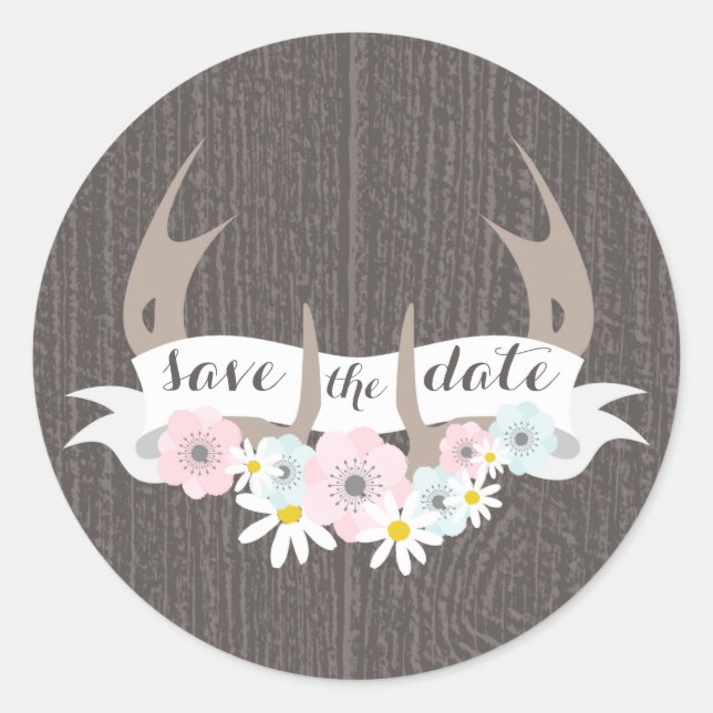 Floral Antlers + Barn Wood Save The Date Sticker (Front)