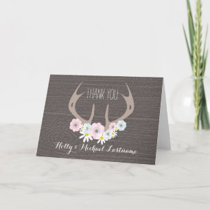 Floral Antlers + Barnwood Thank You Card