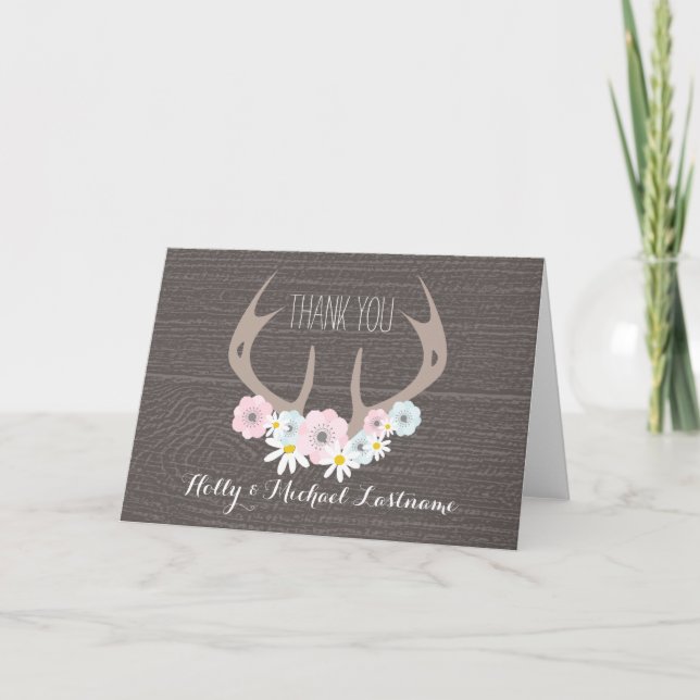 Floral Antlers + Barnwood Thank You Card (Front)