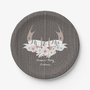Floral Antlers + Barnwood Wedding Paper Plate