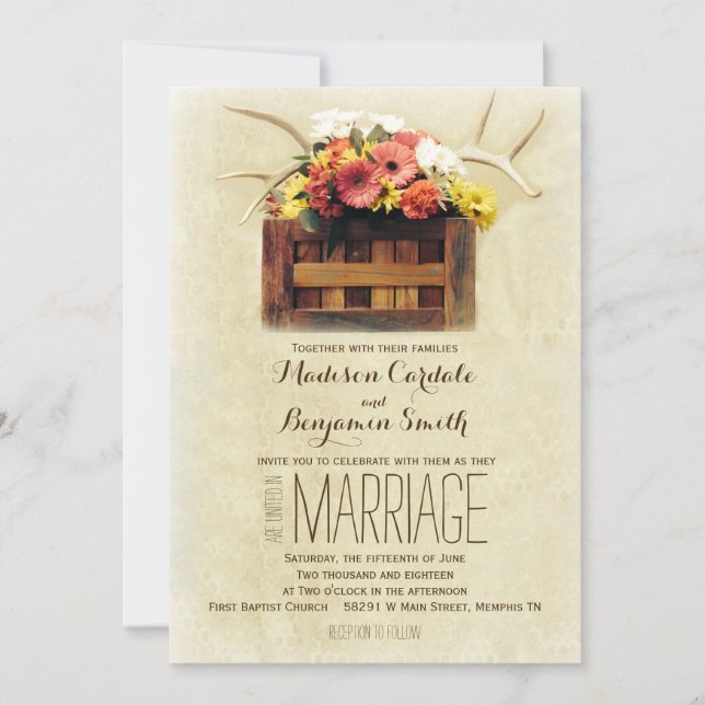 Floral Antlers Boho Rustic Wedding Invitations (Front)