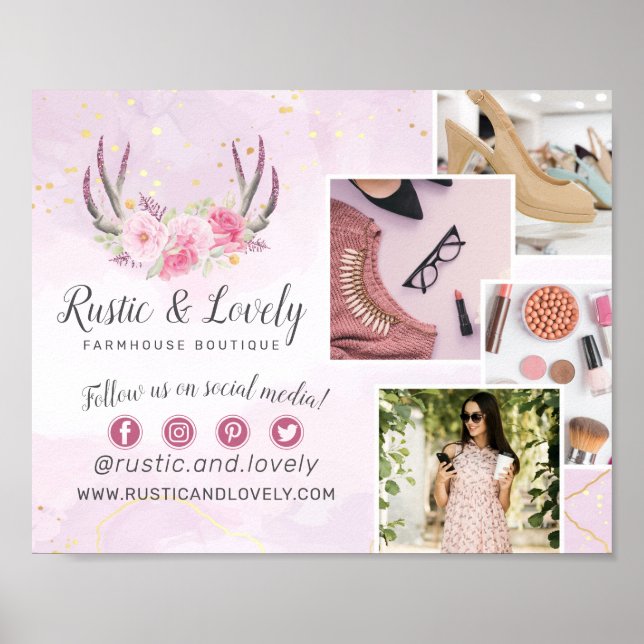 Floral Antlers Pink Gold Marble 4-Photo Marketing Poster (Front)