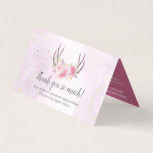Floral Antlers Pink Gold Marble Thank You Card
