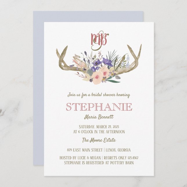 Floral Antlers Rustic Bridal Shower Invitation (Front/Back)