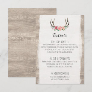 Floral Antlers Rustic Wedding Details / Directions Enclosure Card