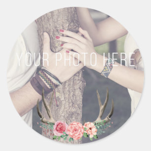 Floral Antlers Rustic Wedding Keepsake Photo Classic Round Sticker