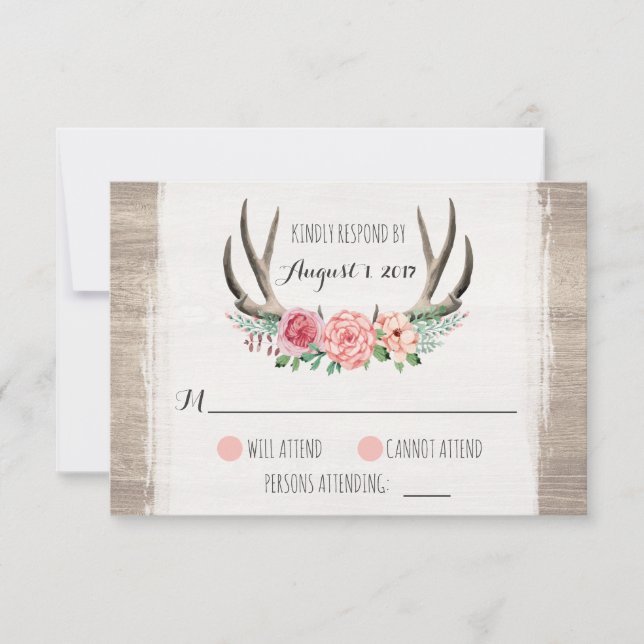 Floral Antlers Rustic Wedding Personalised RSVP Card (Front)