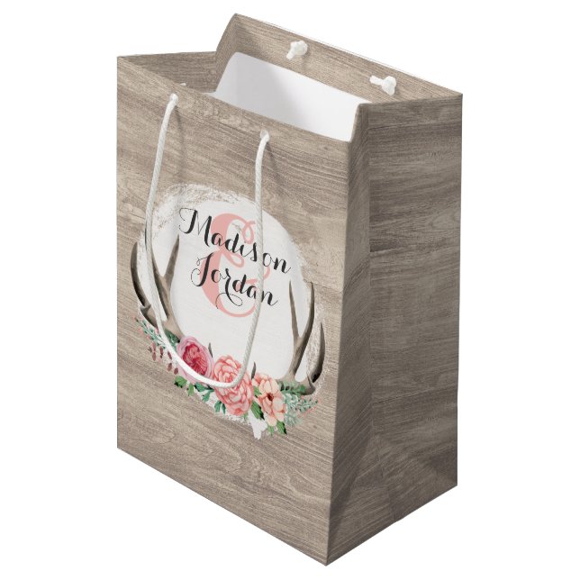 Floral Antlers Rustic Wood Wedding Personalised Medium Gift Bag (Front Angled)