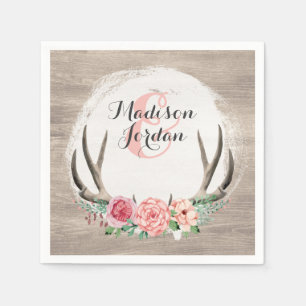 Floral Antlers Rustic Wood Wedding Personalised Napkin