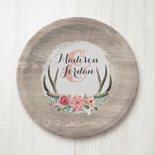 Floral Antlers Rustic Wood Wedding Personalised Paper Plate