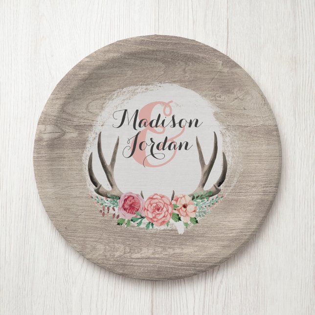 Floral Antlers Rustic Wood Wedding Personalised Paper Plate (Creator Uploaded)