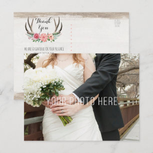 Floral Antlers Rustic Wood Wedding Thank You Postcard