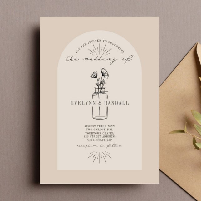 Floral Apothecary Line Art Tan Wedding Invitation (Creator Uploaded)