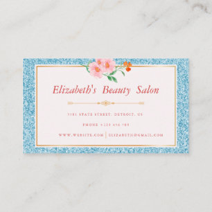 Floral Aqua Blue Glitter Makeup Artist Beauty Business Card