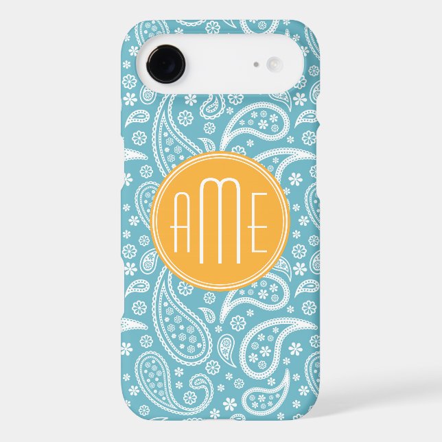 Floral Aqua Blue Paisley Pattern & Yellow Monogram Case-Mate iPhone Case (Back)