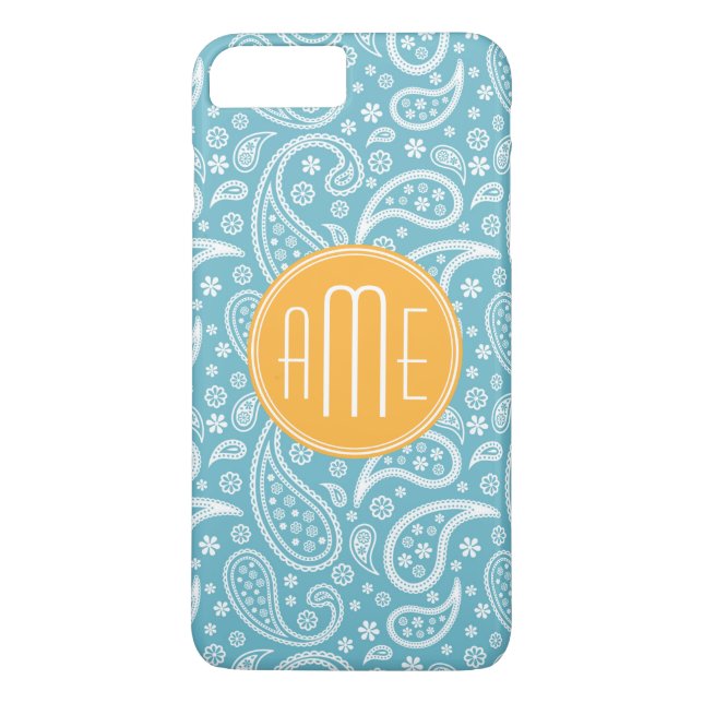 Floral Aqua Blue Paisley Pattern & Yellow Monogram Case-Mate iPhone Case (Back)