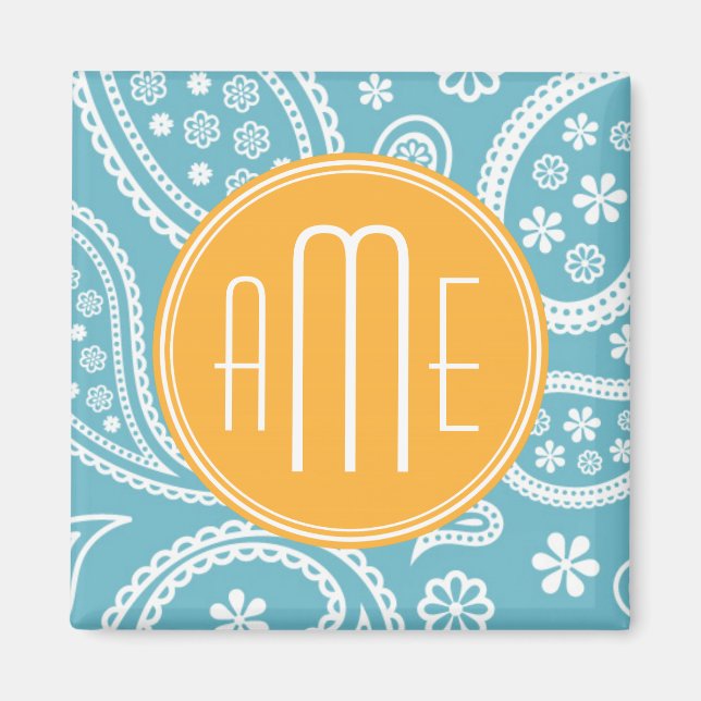 Floral Aqua Blue Paisley Pattern & Yellow Monogram Magnet (Front)