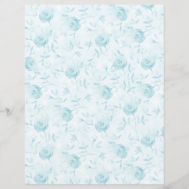 Floral Aqua Blue Roses Damask Scrapbook Paper (Front)