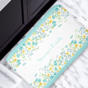 Floral Aqua Blue Yellow Wildflowers Family Name Bath Mat