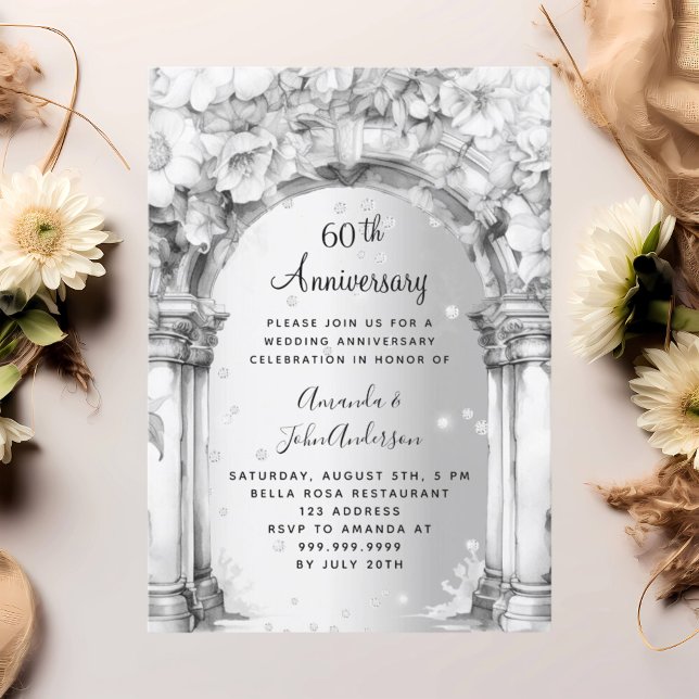 Floral arch diamond 60th wedding anniversary invitation (Creator Uploaded)