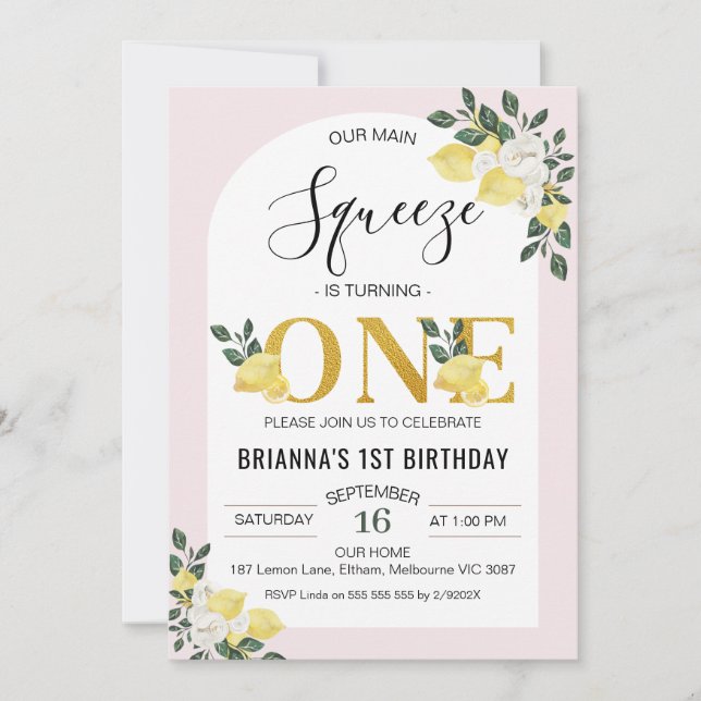 Floral Arch Our Main Squeeze 1st Birthday Invitation (Front)