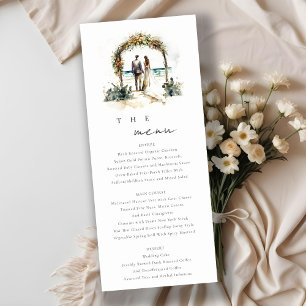 Floral Arch Sand Beach Seascape Wedding Menu Card