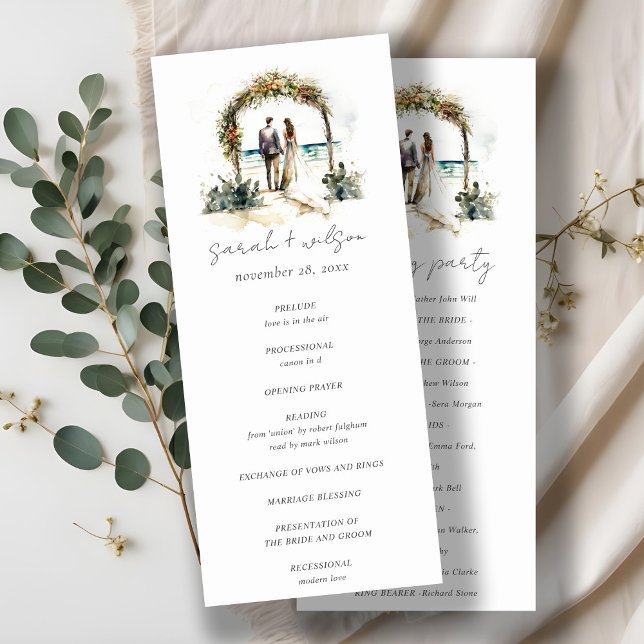 Floral Arch Sand Beach Seascape Wedding Program Invitation (Creator Uploaded)