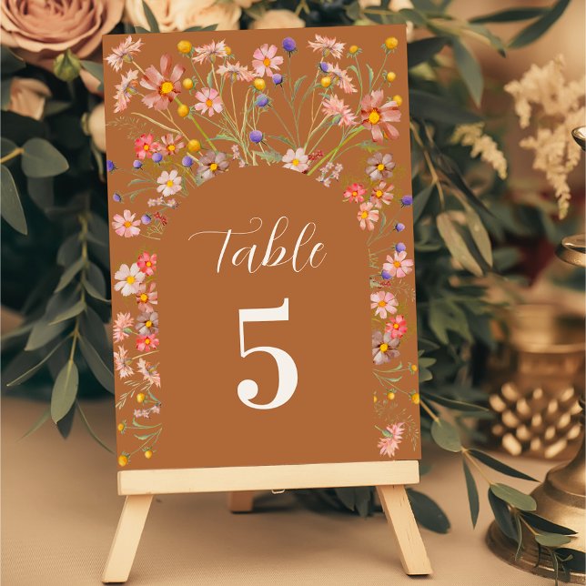 Floral Arch Terrcaotta Fall Wedding Table Number (Terracotta Boho floral arch fall wedding table number card elegant script watercolor wildflowers)