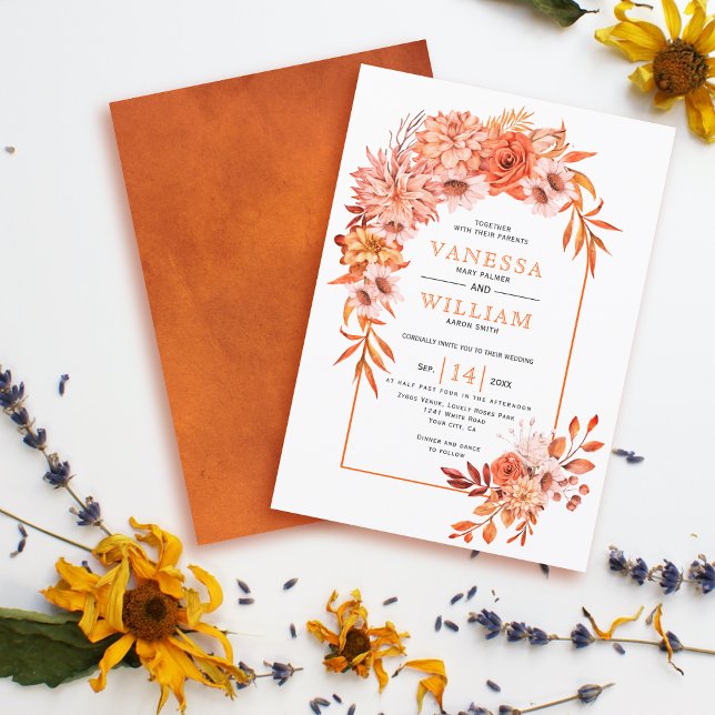 Floral arch with with orange garland fall wedding invitation (Creator Uploaded)