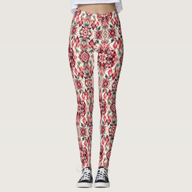 Floral argyle Valentine's day Leggings (Front)