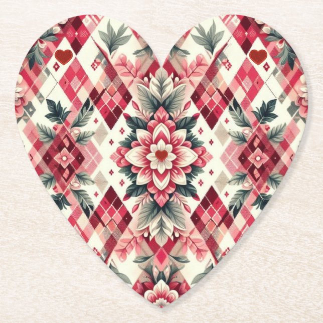 Floral argyle Valentine's day Paper Coaster (Front)