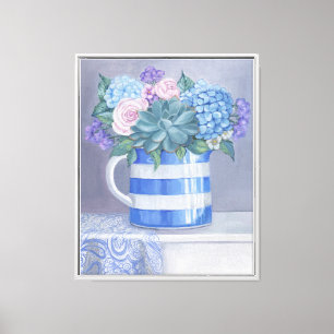 Floral arrangement in blue stripped pitcher canvas print