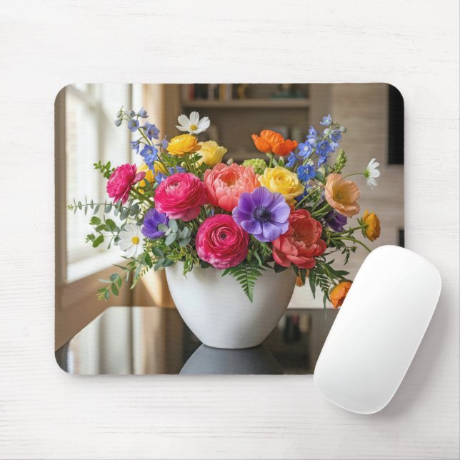 Floral Arrangement on a Shiny Table Mouse Pad (With Mouse)