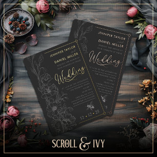 Floral Art Deco Slate & Black Wedding Invitation