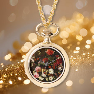Floral Art Elegant Monogram Womens Necklace Watch