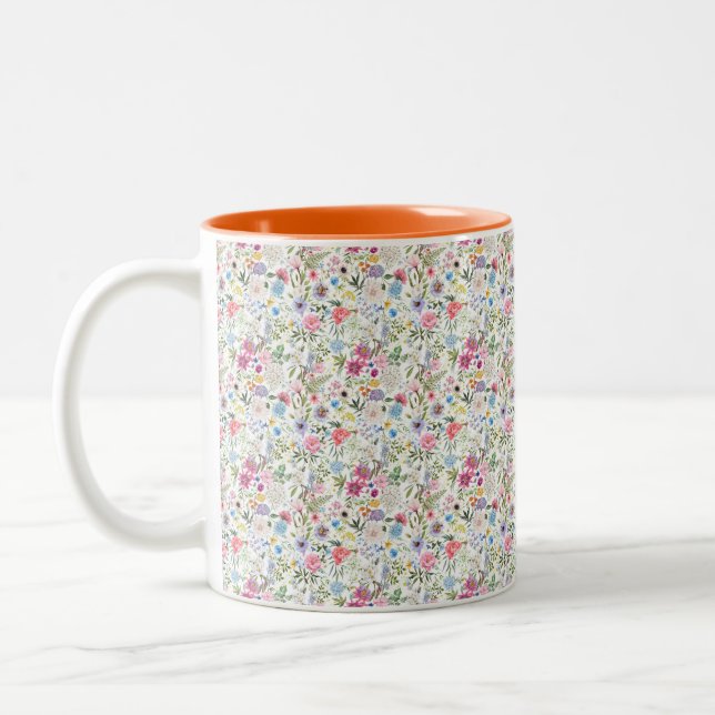 floral art mug, vibrant flower pattern Two-Tone coffee mug (Left)