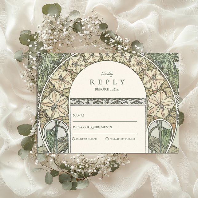 Floral Art Nouveau Greenery wedding RSVP Card (Creator Uploaded)