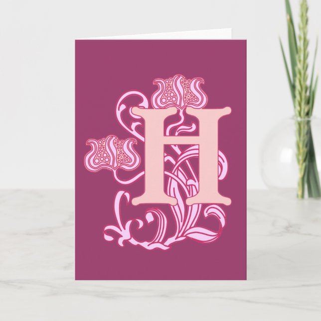 Floral Art Nouveau Monogram Note Card (Front)