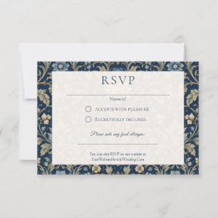 Floral Art Nouveau Navy Blue Flowers Wedding RSVP Card