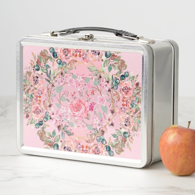 Floral Art, Pink Flowers, Pink Floral Wreath Metal Lunch Box (In Situ)