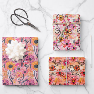Floral Art Print – Playful Abstract Flowers & Vine Wrapping Paper Sheet
