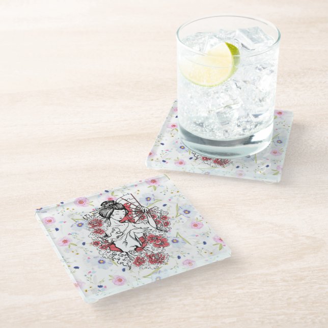 Floral asian glass coaster (Angled)