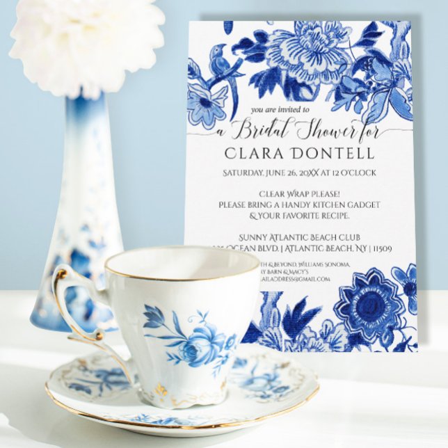 Floral Asian Influence Blue White Bridal Shower Invitation (Creator Uploaded)