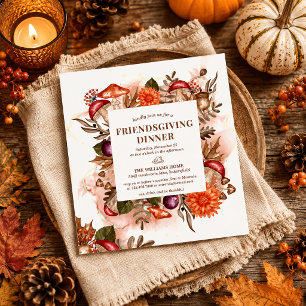 Floral Autumn Leaves Mushroom Thanksgiving Dinner Invitation