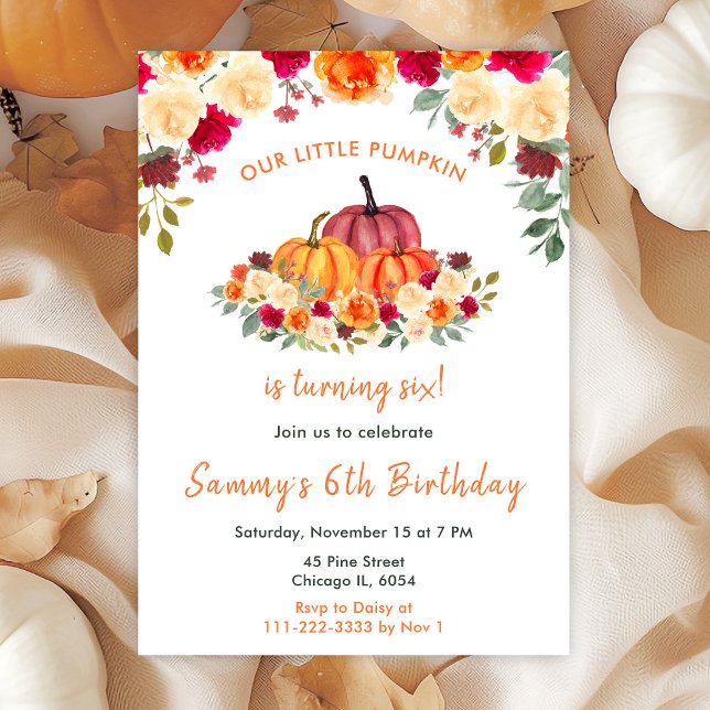 Floral Autumn Orange Pumpkins Birthday Party Invitation (Creator Uploaded)
