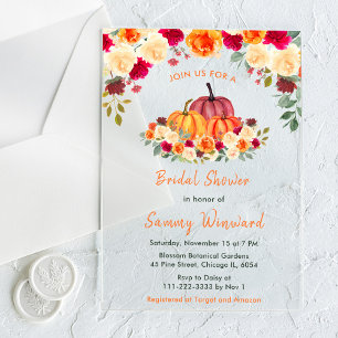 Floral Autumn Orange Pumpkins Bridal Shower Acrylic Invitations