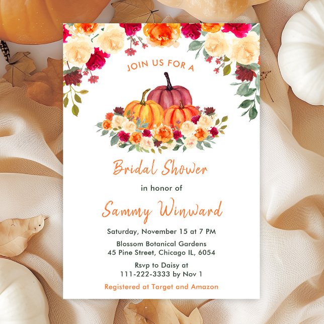 Floral Autumn Orange Pumpkins Bridal Shower Invitation (Creator Uploaded)