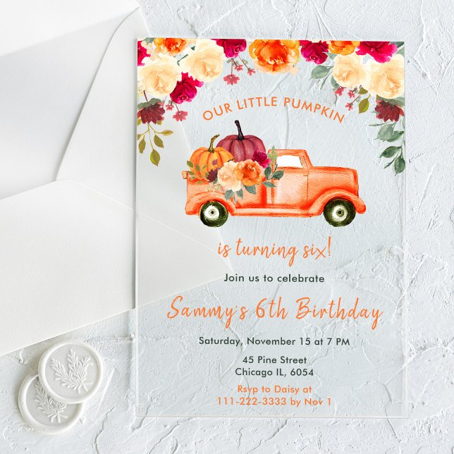 Floral Autumn Pumpkin Truck Birthday Party Acrylic Invitations (Creator Uploaded)